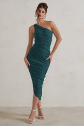 Bottle Green One Shoulder Asymmetric Ruched Midi Dress